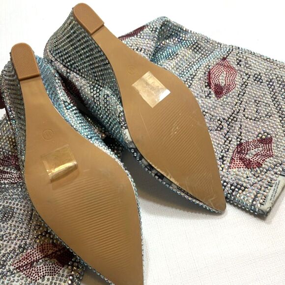 Rhinestone Wedge Boots Sz 11 Lips Print Knee High Pointed Toe Sparkle Glam - Picture 3 of 13